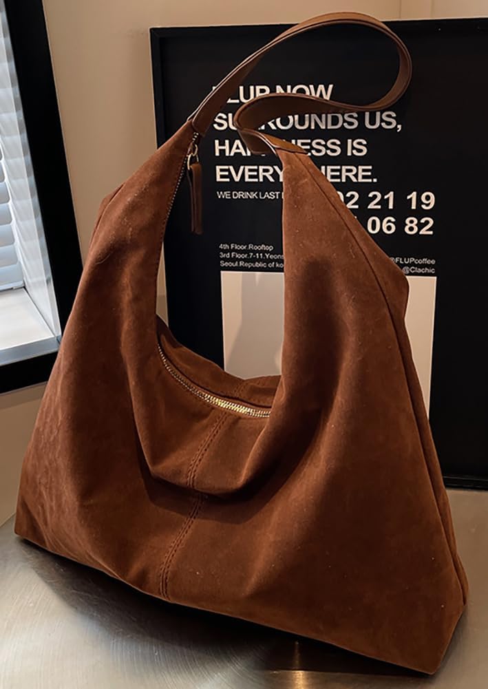 Bagkeak Slouchy Suede Shoulder Bags For Women Underarm Bag Womens Tote Bag Work Purses Crescent Bag Suede Handbag Travel Winter Fall - Image 3